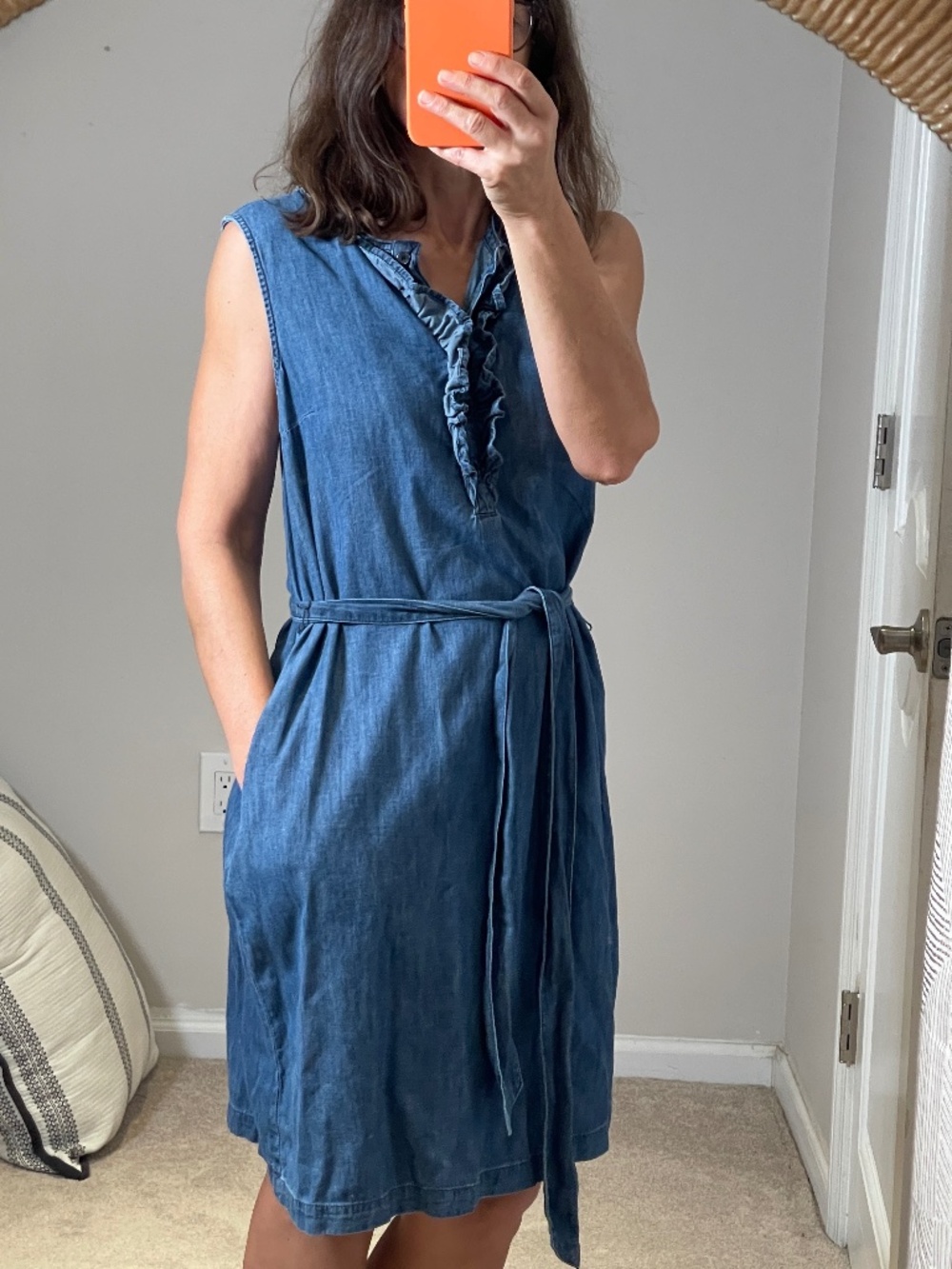 Draper James blue denim with ruffle detail dress size S